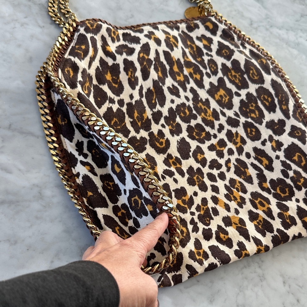 Stella McCartney - Brown Yellow Leopard Print on Cream Canvas Bag & Gold Chain - Picture 13 of 17